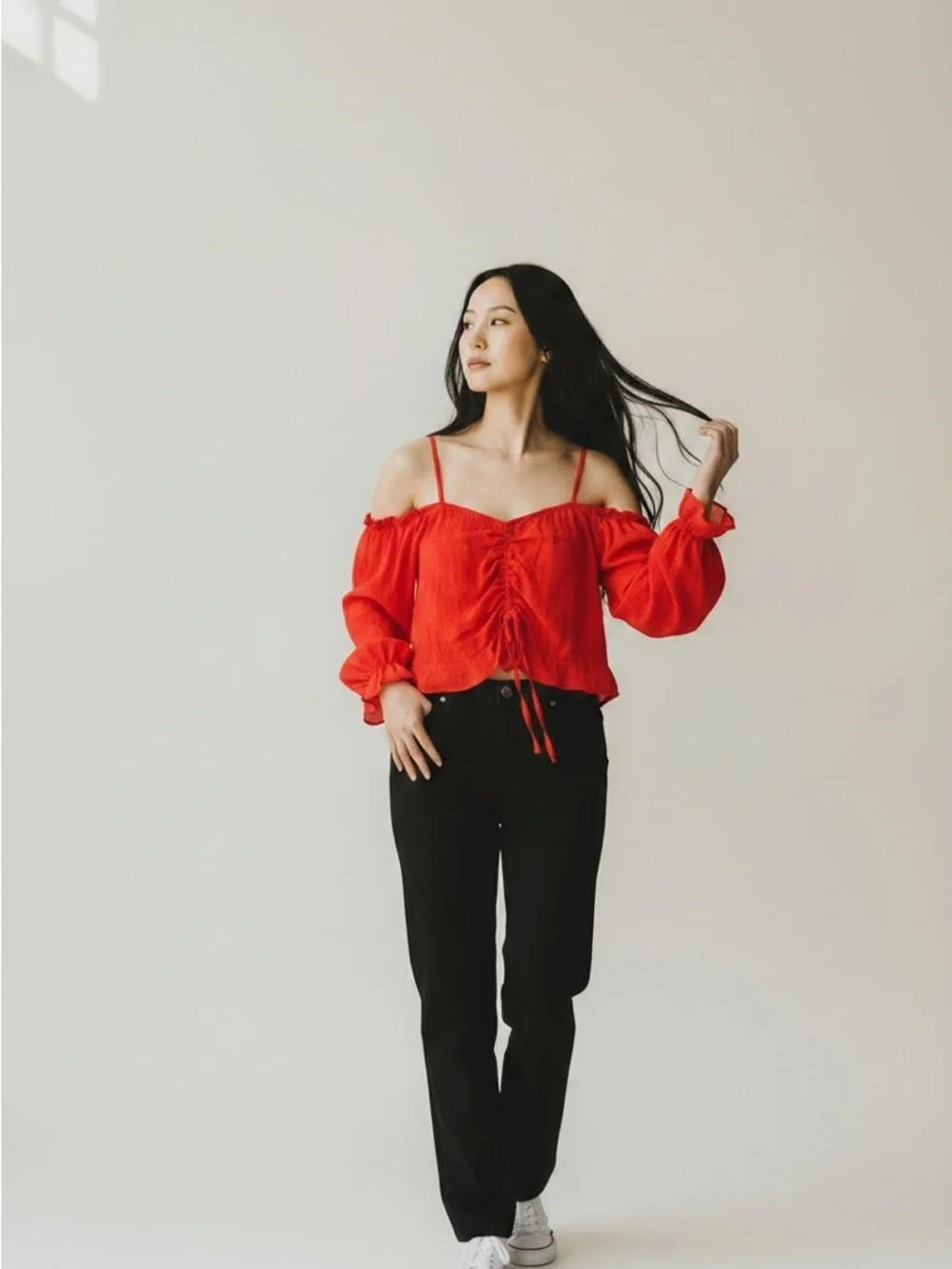 Divided Red Off-Shoulder Ruched Crop Top - Picture 3 of 3